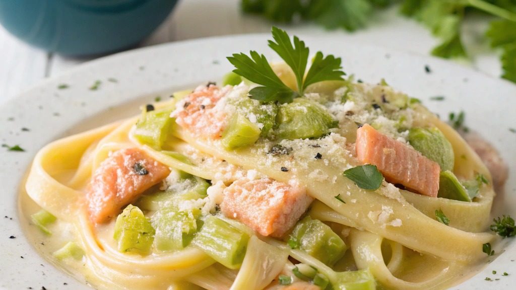 Pâtes crémeuses aux poireaux et saumon frais