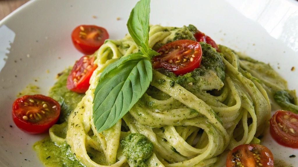 Pâtes crémeuses au pesto de basilic et tomates cerises