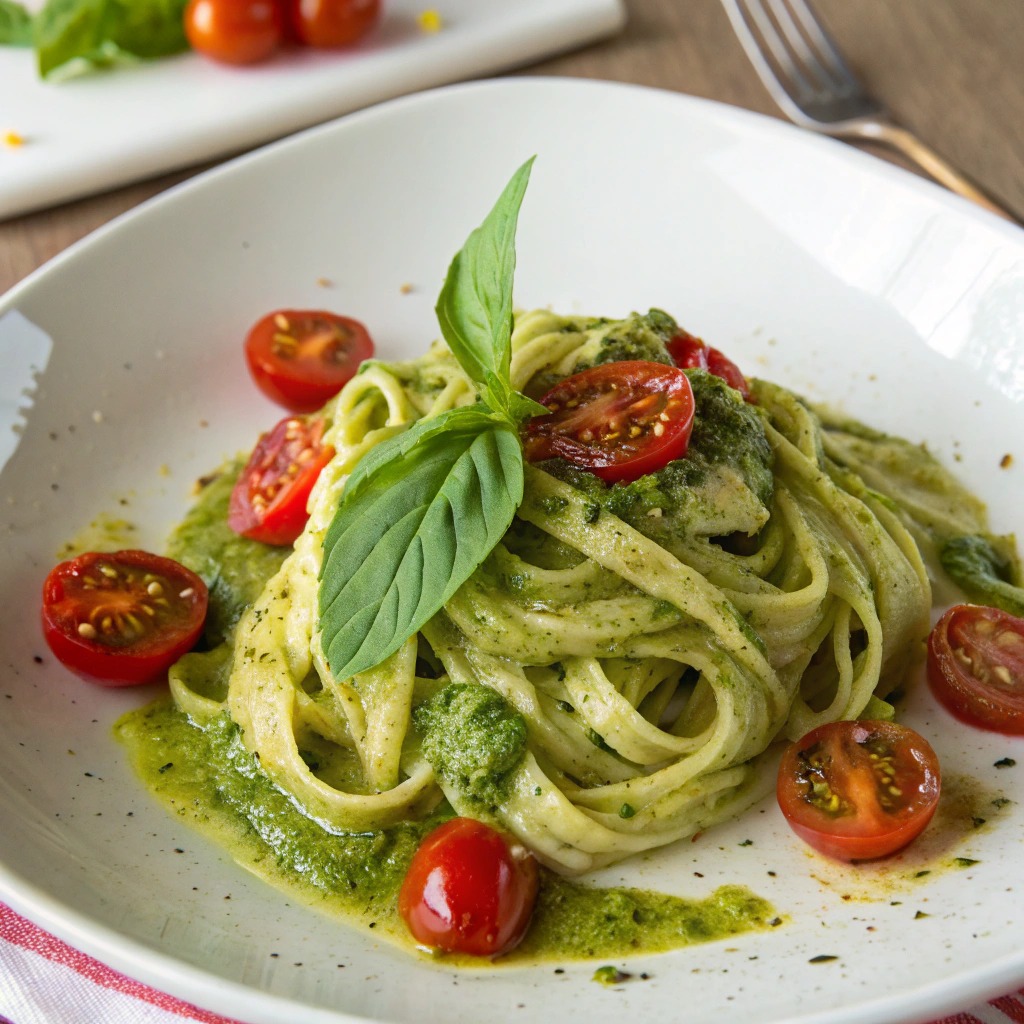 Pâtes crémeuses au pesto de basilic et tomates cerises