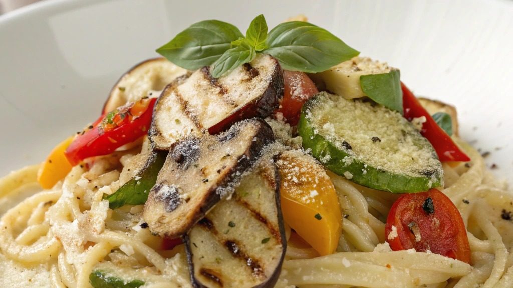 Pâtes crémeuses aux légumes grillés