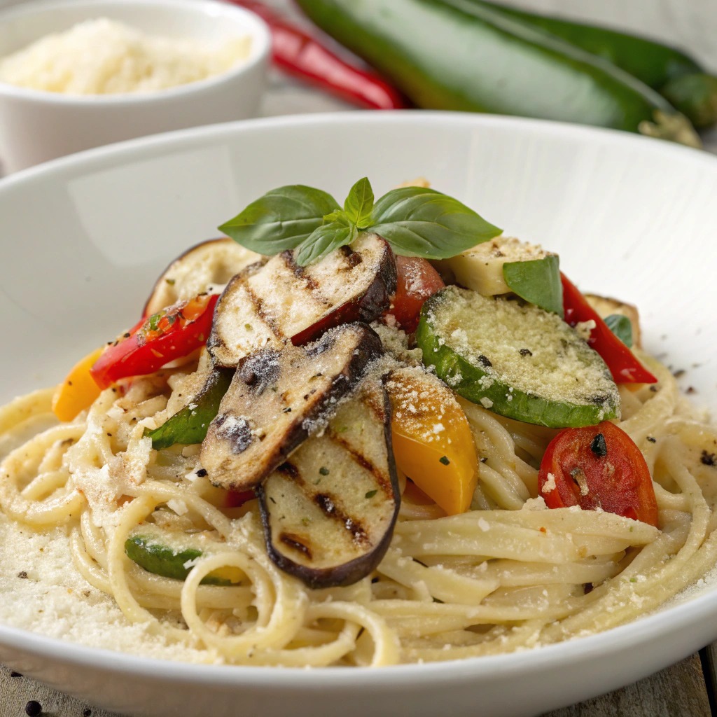 Pâtes crémeuses aux légumes grillés