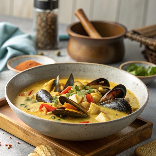 Moules au curry et lait de coco