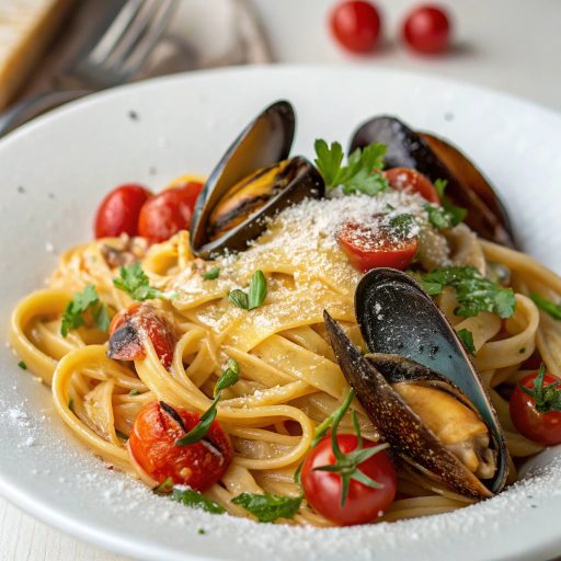 Pâtes aux moules et tomates cerises