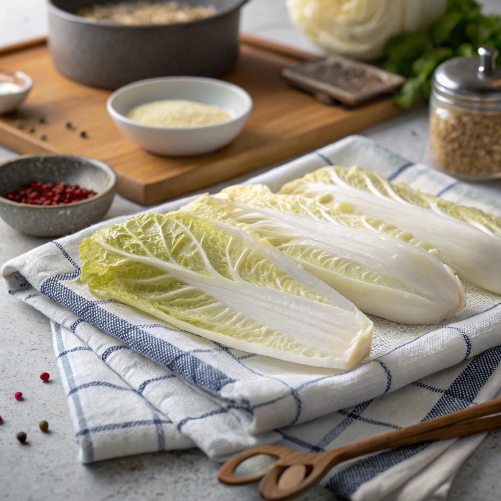 Feuilles de chou blanchies pour la recette.