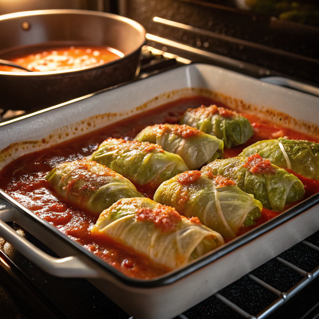 Cuisson au four des rouleaux de chou farcis.