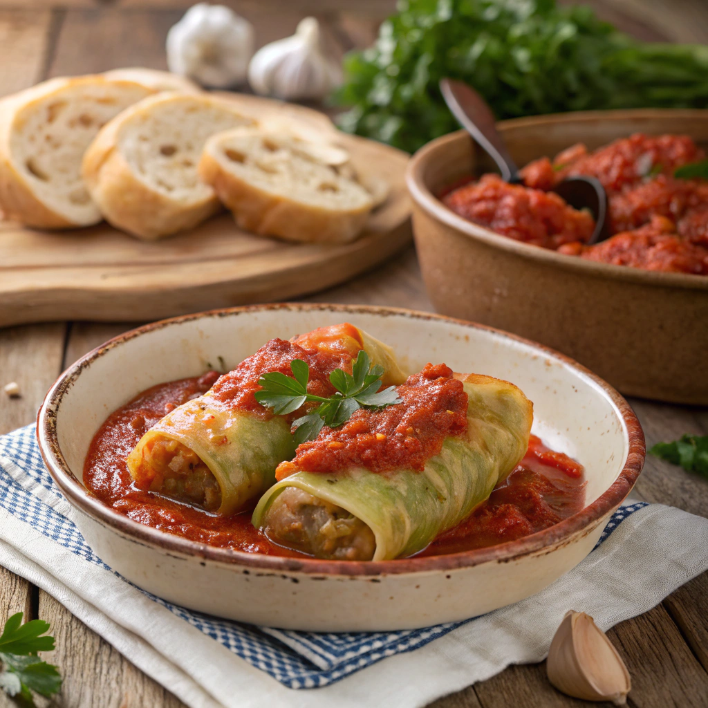 Plat de rouleaux de chou farcis avec sauce tomate.