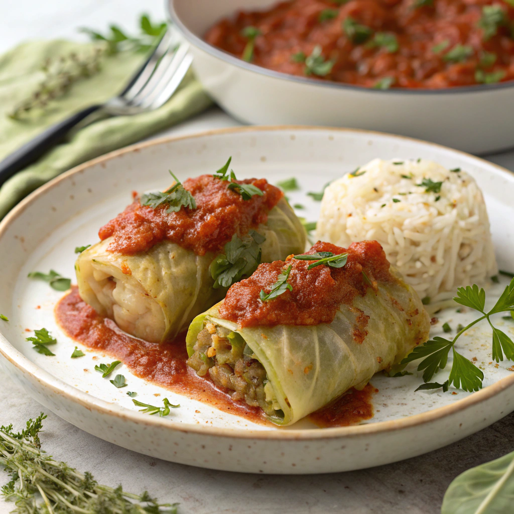 Rouleaux de chou farcis servis avec du riz.