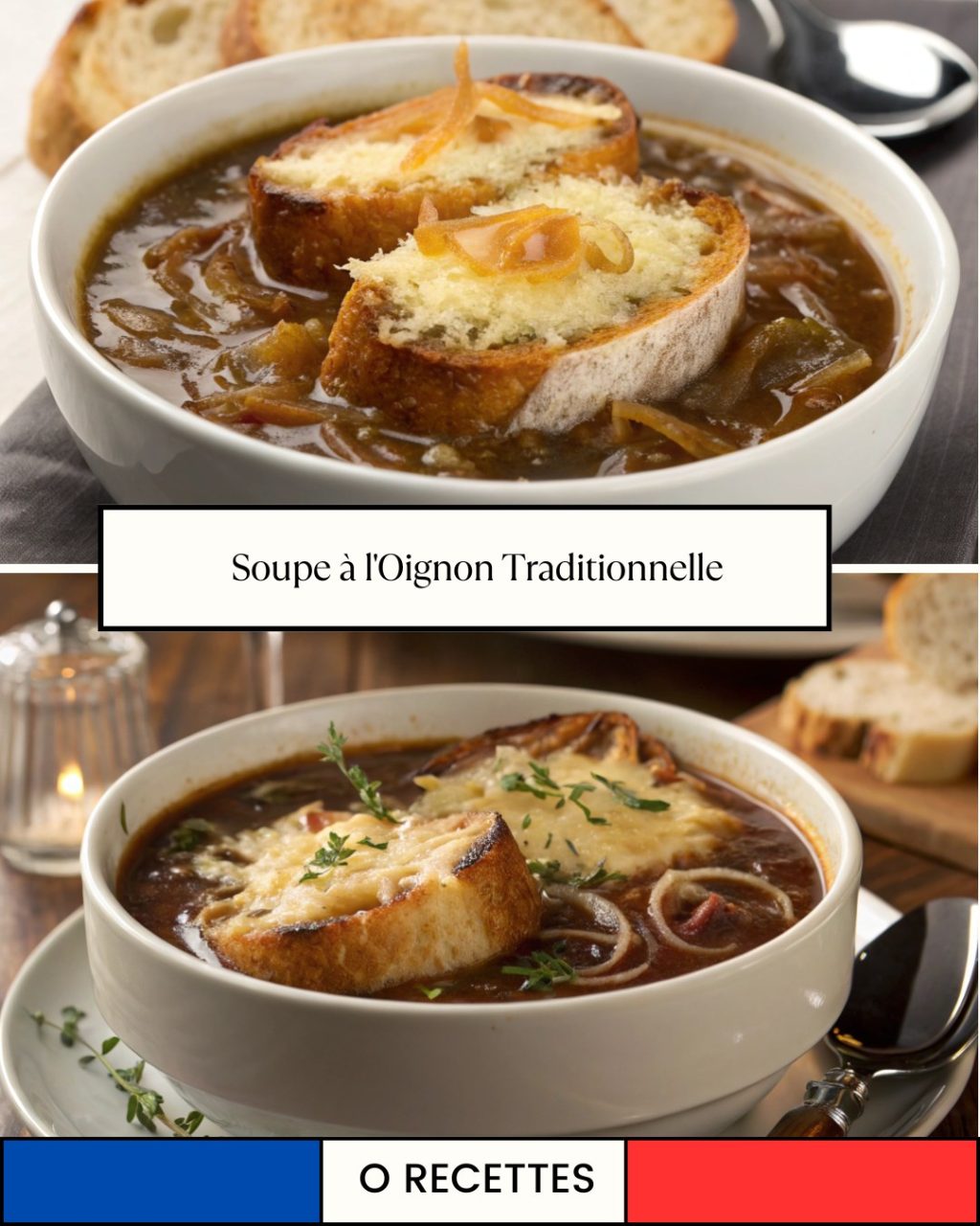 Soupe à l'oignon traditionnelle réconfortante et facile. Avec du gruyère fondant et du pain croustillant, c’est le dîner parfait pour se réchauffer !